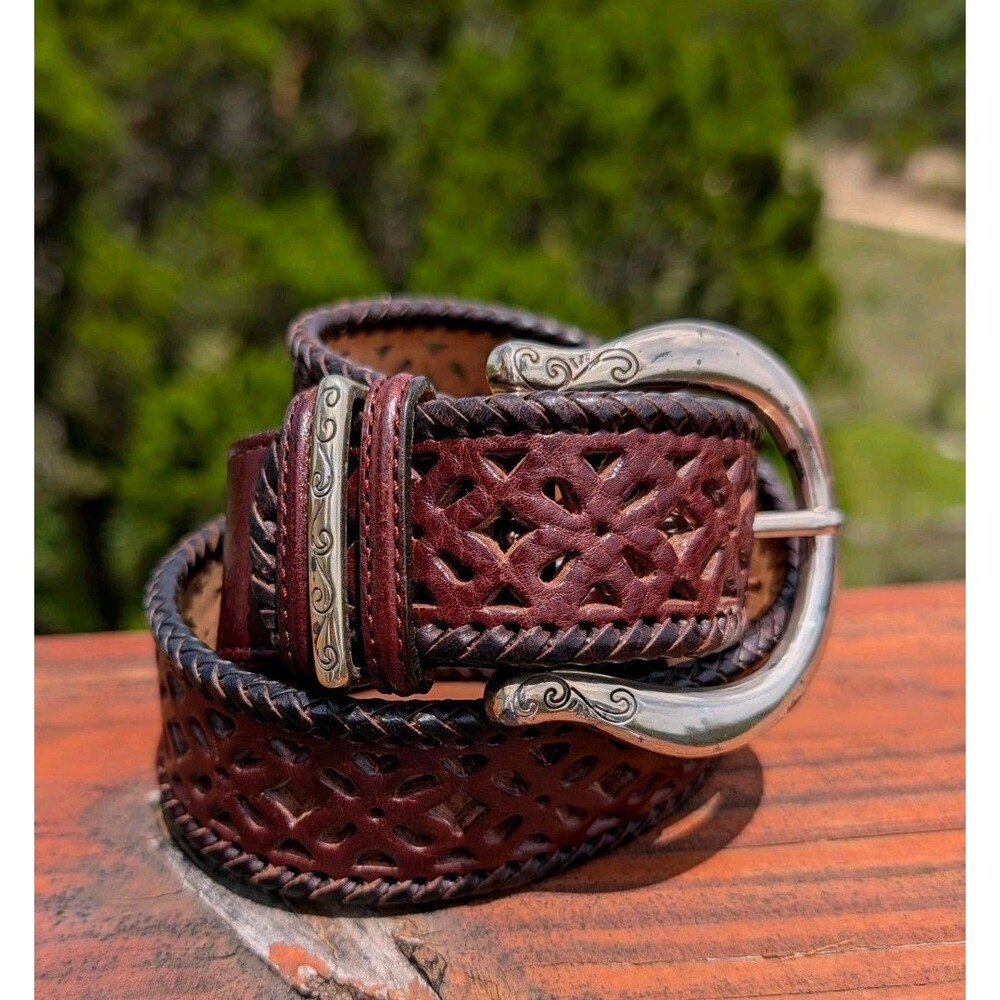 Brighton Dark Brown Leather Belt Lacing Cut Out Western Silver Buckle MED B20238 - Picture 4 of 6
